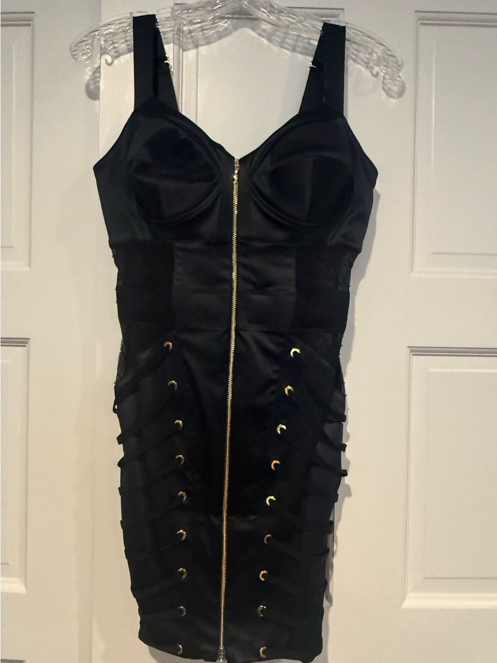 MurMur Black Bodycon Mini Dress with Gold Zip and Lace-Up Sides
